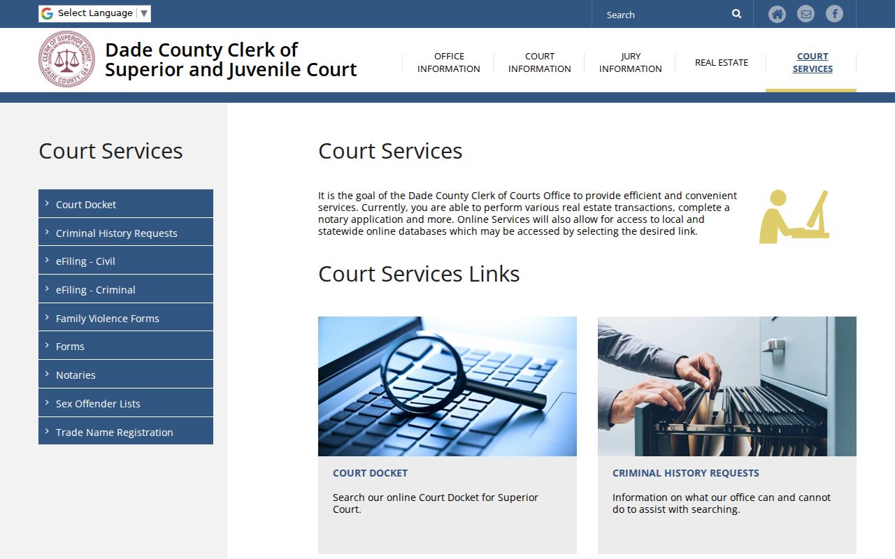 Dade County Clerk docket and court services links